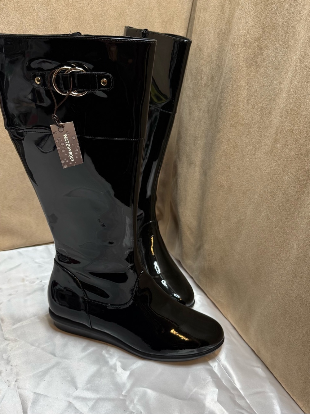 Cole Haan Black Patent Leather Waterproof  Tall Riding Boots